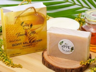Elegant display of handmade goat milk soap with honey, surrounded by natural elements for an organic appeal.
